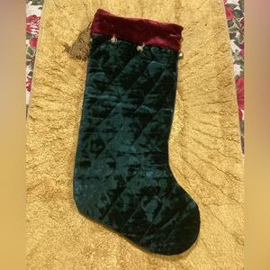 Elegant Green Velvet Christmas Stocking with Brass Looking Bells Red /Gold Trim